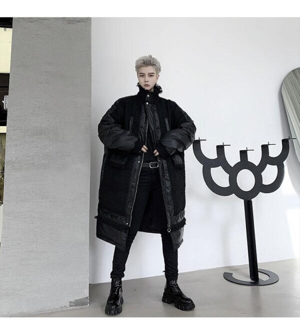 KK1308P235 Winter Style Splicing Small Fragrance Fabric Stand-up Collar Men's Mid-length Cotton Jacket