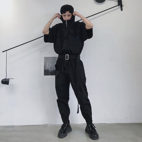 European and American Street Retro Work Clothes One Piece Fashion Brand Men's Hip Hop Street Dance Short Sleeve One Piece Suit