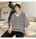 KK1658/P60 Geometric Pattern V-Neck Pullover Loose T-shirt