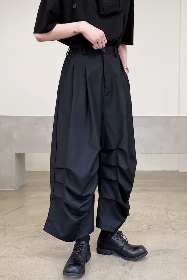 2382-P75 Personality Fold Design Dark Style Wide-leg Cropped Trousers