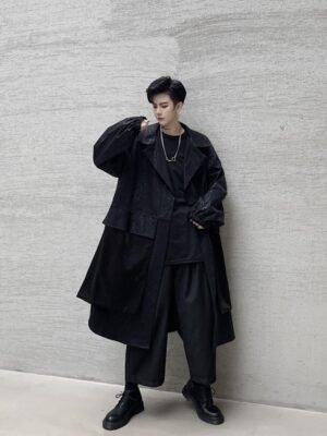 KK1284 Collar Dark Upper and Lower Fabric Large Pocket Men's Long Windshield Jacket