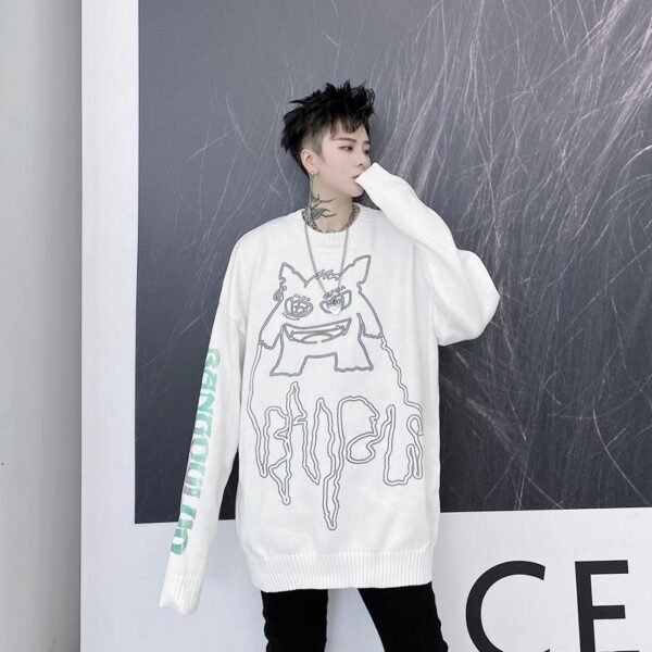 Kk1524 Little Monster Pattern Sleeve Letter Print Men's Loose Thick Sweater