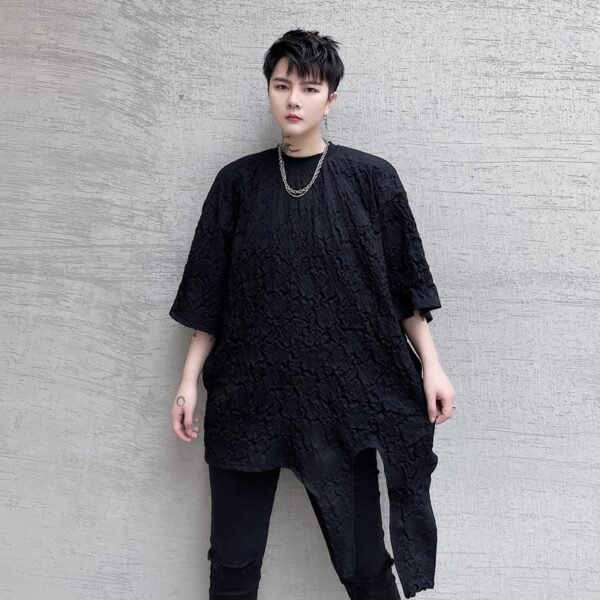 KK1624/P75 Asymmetrical Loose T-shirt with Crumpled Fabric Hem