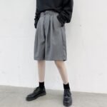 KK1375/P75 Double Live Pleat Design Loose Solid Color Casual Five-point Pants