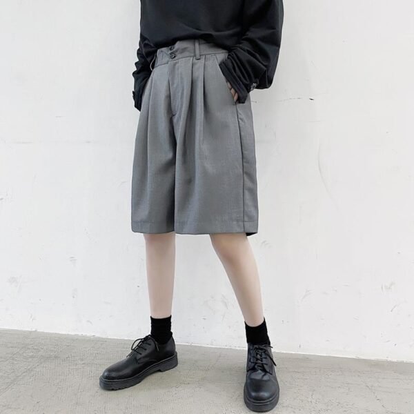 KK1375/P75 Double Live Pleat Design Loose Solid Color Casual Five-point Pants