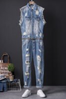 Hip-hop Denim Jacket Men's Summer Trim Light Wash Hole Denim Waistcoat Man