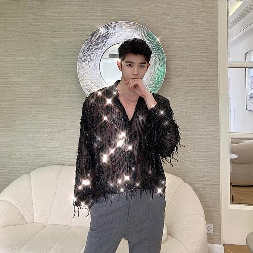 H1022 P105 Heavy Craft Irregular Sequin Tassel Shirt