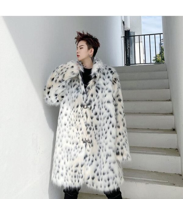 F425P185 Winter Long Windbreaker Hair High End Men and Women Stand Collar Leopard Print Thickened Coat