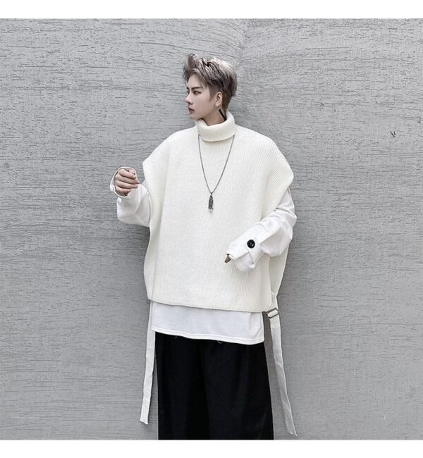 Japanese Streetwear Solid Color High Collar Knitted Vest Sleeveless Sweater Turtleneck Sweater Vest