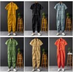 Summer Fashion Men's Short Sleeve One Piece Suit Plus Size Casual Leggings Performance Suit Men's and Women's One Piece Overalls