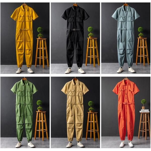 Summer Fashion Men's Short Sleeve One Piece Suit Plus Size Casual Leggings Performance Suit Men's and Women's One Piece Overalls