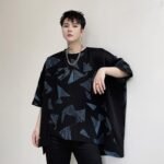 KK1623/P80 Geometric Pattern Printed Patchwork Falling Shoulder Loose Short Sleeve T-Shirt