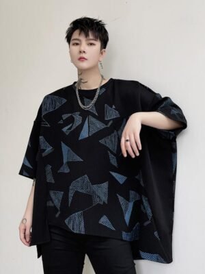 KK1623/P80 Geometric Pattern Printed Patchwork Falling Shoulder Loose Short Sleeve T-Shirt