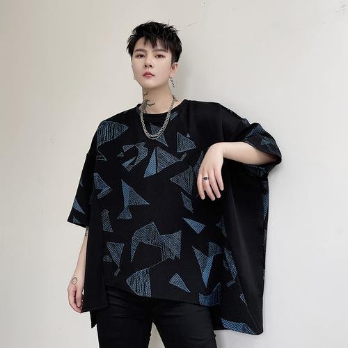 KK1623/P80 Geometric Pattern Printed Patchwork Falling Shoulder Loose Short Sleeve T-Shirt