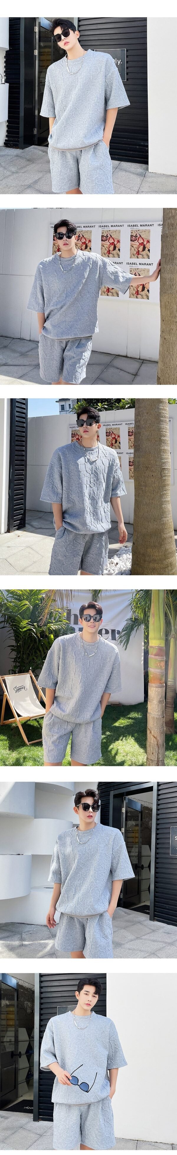 P85 Ribbed Hem T-sleeve High Temperature Three-dimensional Embossed Summer Short-sleeved Shorts Suit