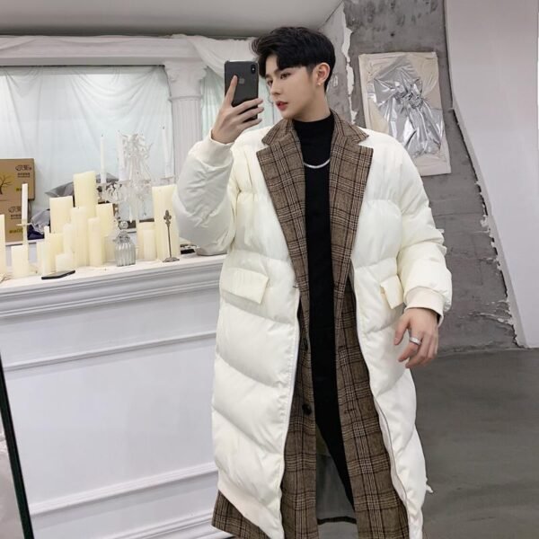 KK864P235 Winter Plaid Collar Fake Two-piece Design Men's Mid-length Cotton Jacket