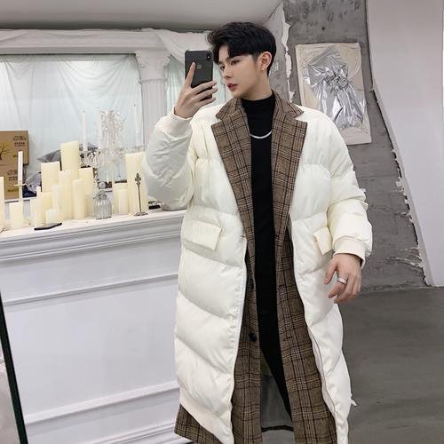 KK864P235 Winter Plaid Collar Fake Two-piece Design Men's Mid-length Cotton Jacket