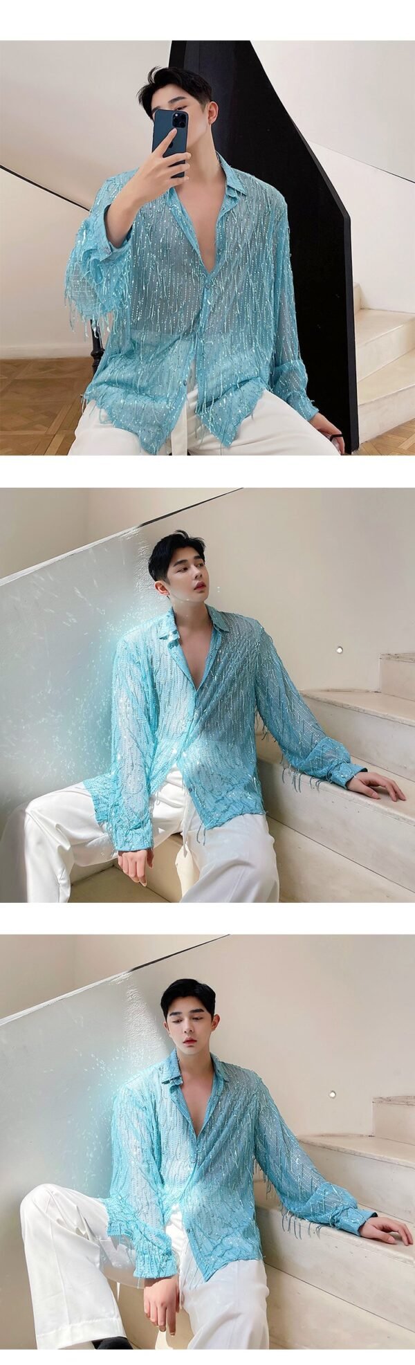 H1022 P105 Heavy Craft Irregular Sequin Tassel Shirt