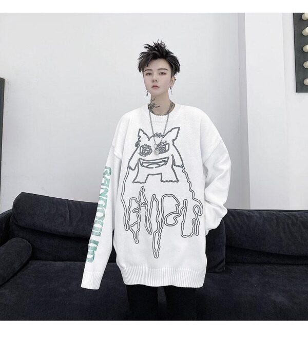 Kk1524 Little Monster Pattern Sleeve Letter Print Men's Loose Thick Sweater