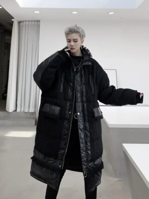 KK1308P235 Winter Style Splicing Small Fragrance Fabric Stand-up Collar Men's Mid-length Cotton Jacket