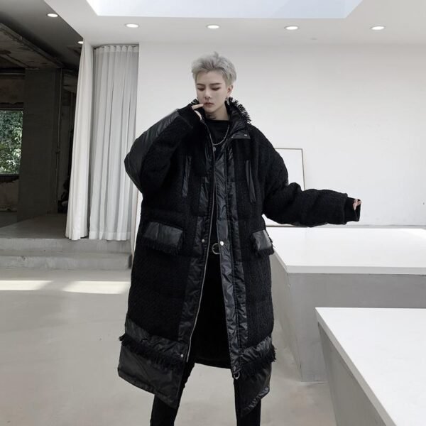 KK1308P235 Winter Style Splicing Small Fragrance Fabric Stand-up Collar Men's Mid-length Cotton Jacket