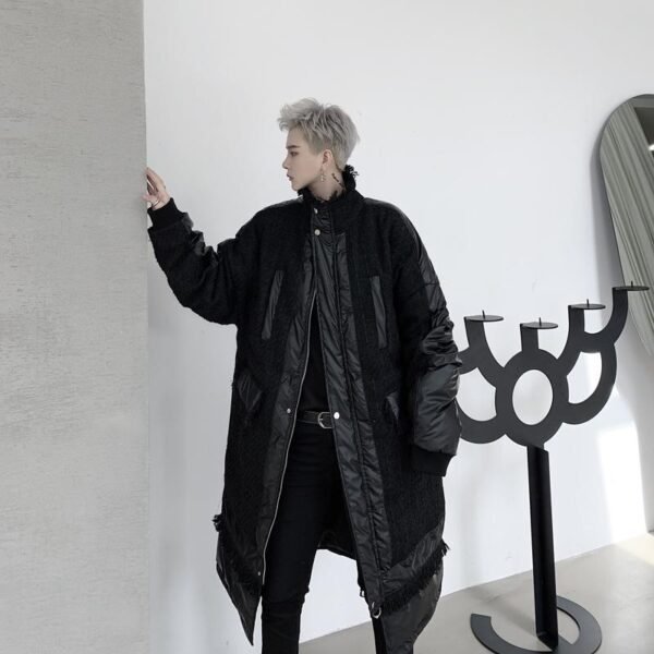 KK1308P235 Winter Style Splicing Small Fragrance Fabric Stand-up Collar Men's Mid-length Cotton Jacket