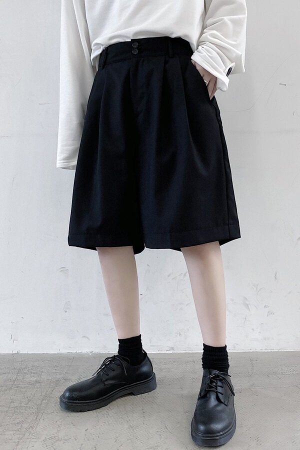 KK1375/P75 Double Live Pleat Design Loose Solid Color Casual Five-point Pants