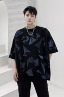 KK1623/P80 Geometric Pattern Printed Patchwork Falling Shoulder Loose Short Sleeve T-Shirt