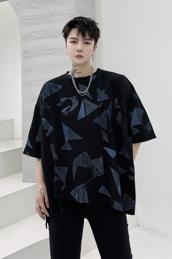 KK1623/P80 Geometric Pattern Printed Patchwork Falling Shoulder Loose Short Sleeve T-Shirt