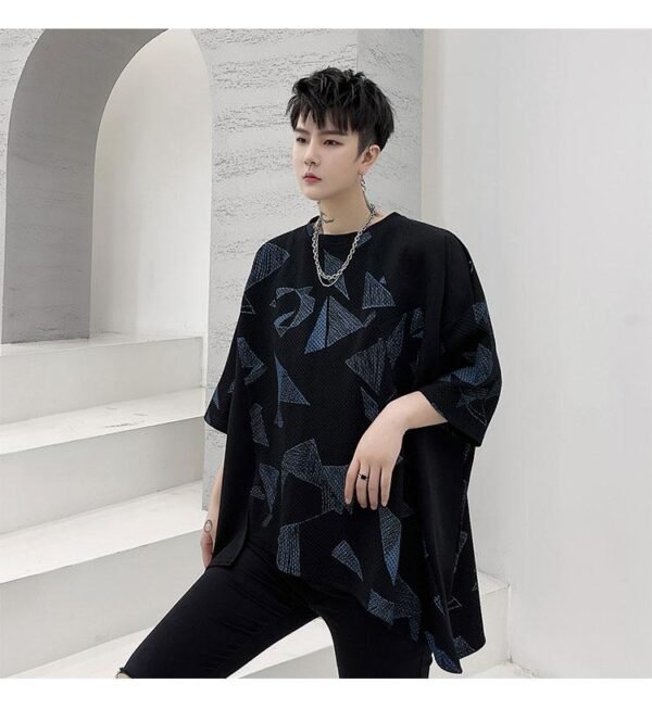 KK1623/P80 Geometric Pattern Printed Patchwork Falling Shoulder Loose Short Sleeve T-Shirt