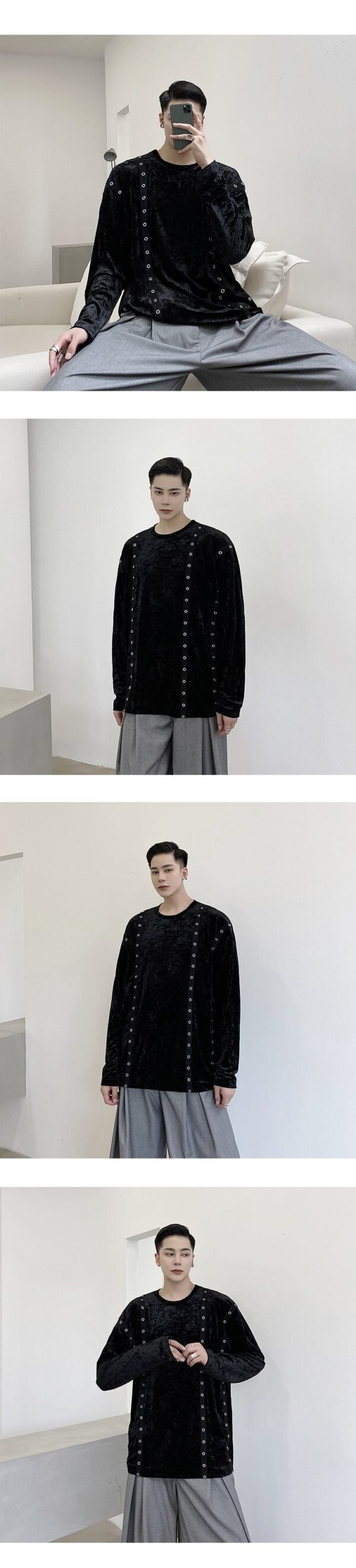 A345-1301-P80 Dark Black Jacket Male Wide Loose Korean Version Diamond Velvet Woven Ribbon