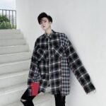 KK1453 Plaid Colliding Color Design Men's Loose-sleeved Shirt