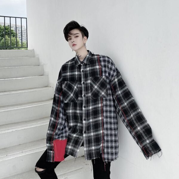 KK1453 Plaid Colliding Color Design Men's Loose-sleeved Shirt