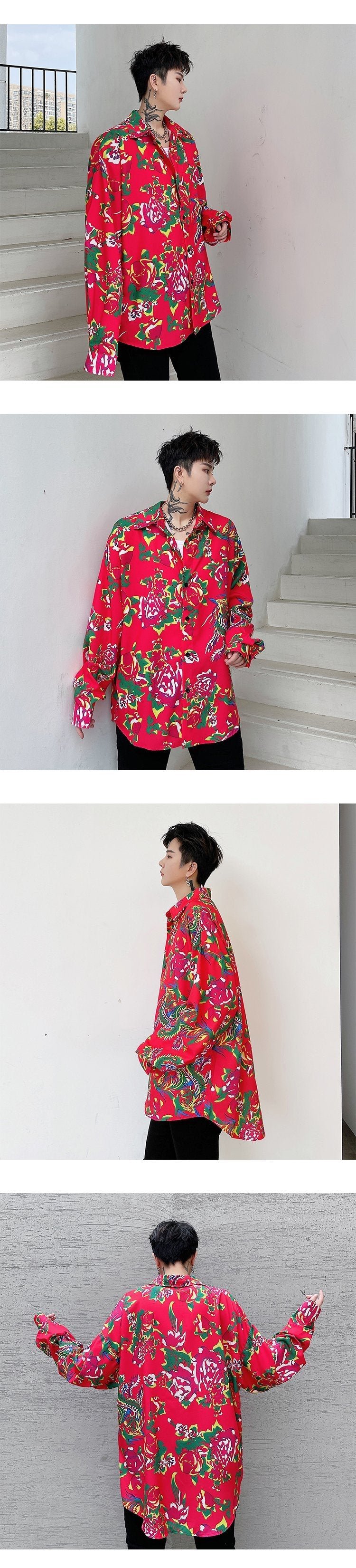 8057-P55INS Trendy Hip Hop Fried Street Net Red Peony Neutral Loose Shirt
