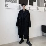 KK1534 Multi-pocket Label Lapel Loose Men's Mid-length Woolen Coat