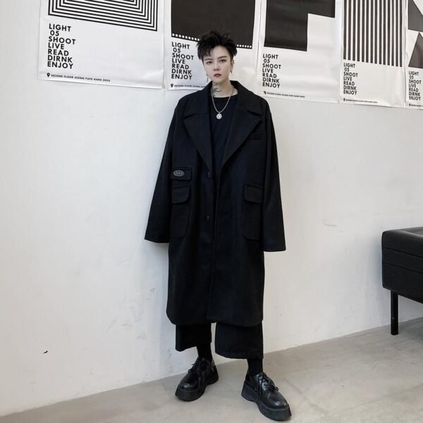 KK1534 Multi-pocket Label Lapel Loose Men's Mid-length Woolen Coat