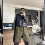 A345-1606-P225 Army Green Long Coat and Two-piece Black Cotton Vest