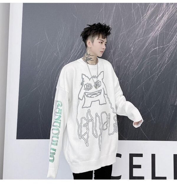 Kk1524 Little Monster Pattern Sleeve Letter Print Men's Loose Thick Sweater