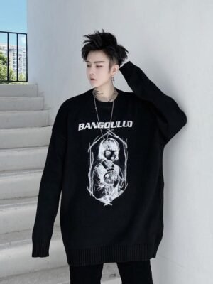 KK1526 Letter Pattern Printed Men's Solid Color Loose Thick Sweater