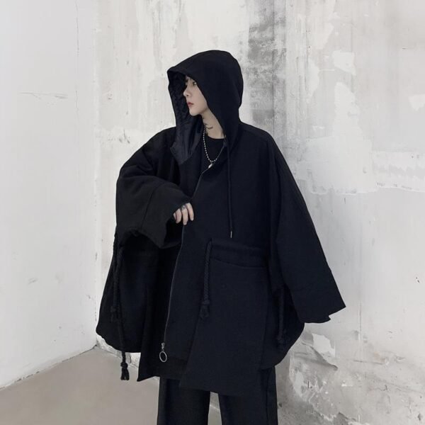 Dark Large Pocket Bat Sleeve Loose Hooded Trench Coat