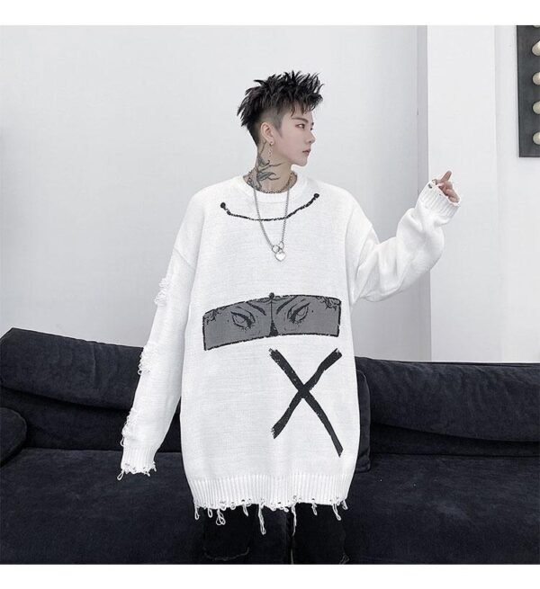 KK1523 Eye Pattern Print Holes Solid Men Loose Thick Sweate