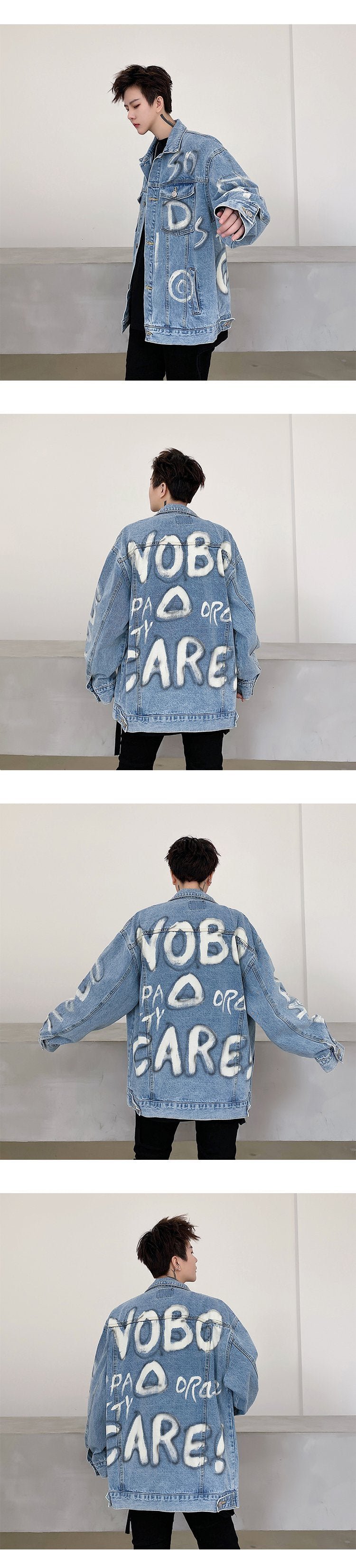 8033-p130 High Quality Washed Denim English Letter Graffiti Jacket