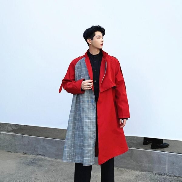 Fashion Plaid Windbreaker Red Trench Coat Flannel Trench Coat