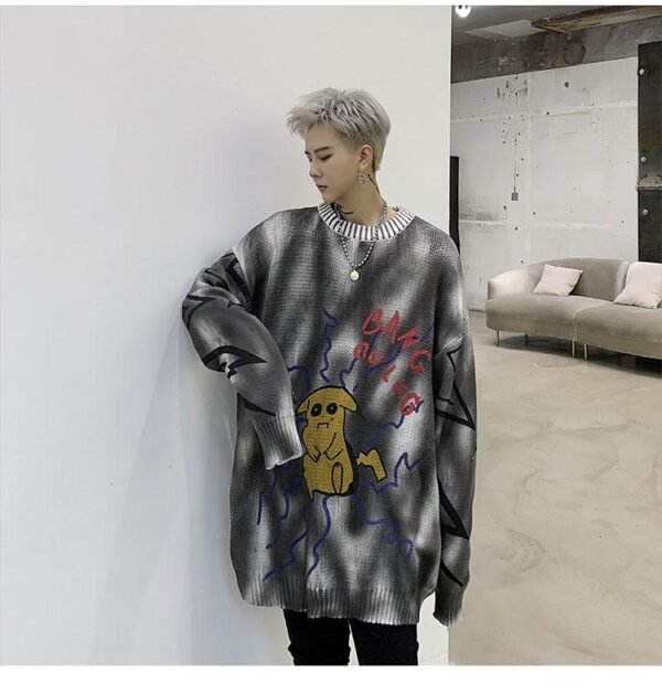 Kk1303p85 Autumn and Winter Pikachu Pattern Tie Dye Round Neck Men's Pullover Sweater