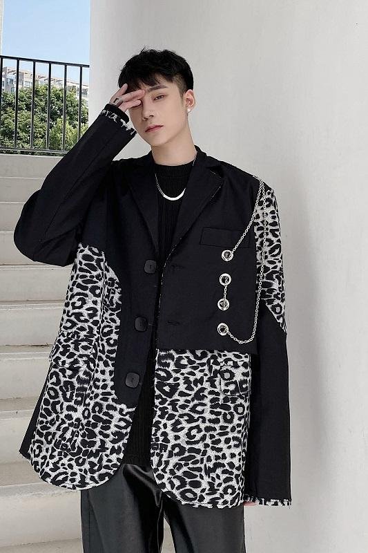 P1351226 Retro Leopard Print Stitching Suit Design Sense of Personality Niche Suit Men's Trend