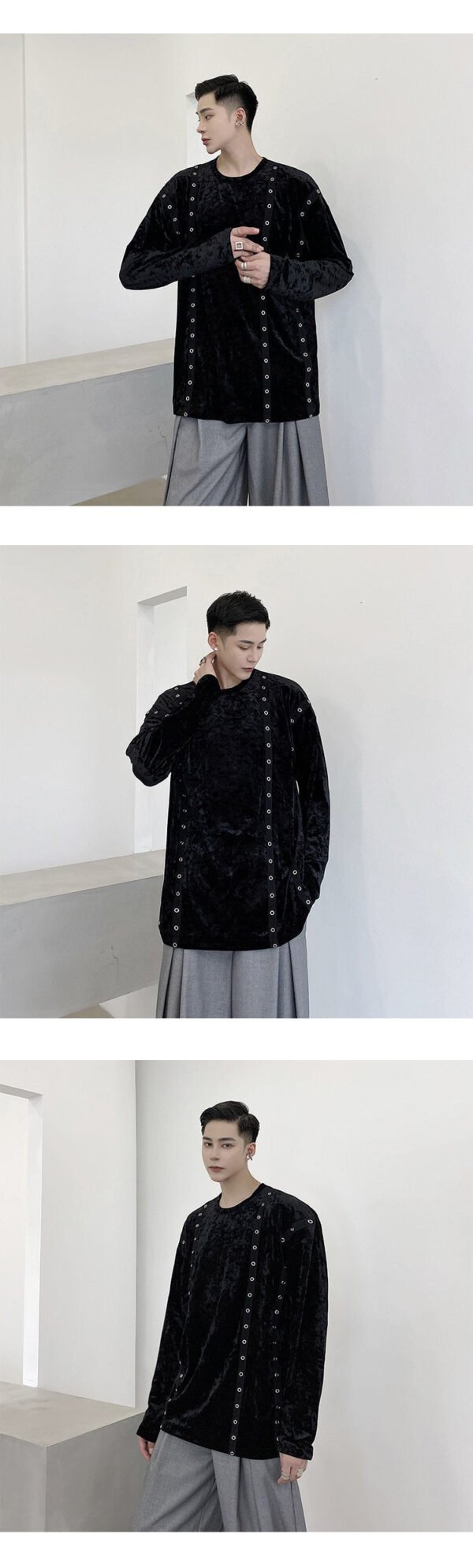 A345-1301-P80 Dark Black Jacket Male Wide Loose Korean Version Diamond Velvet Woven Ribbon