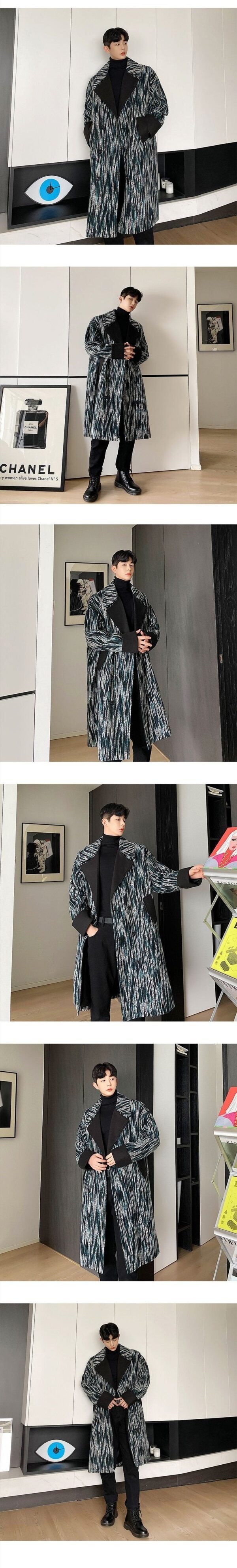 P165 Korean Tree Pattern Wool Over The Knee Coat Men