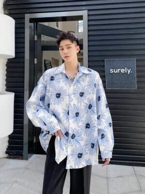 A261 Original Design Retro Style Ink Orchid Fashionable Loose Long Sleeve Shirt