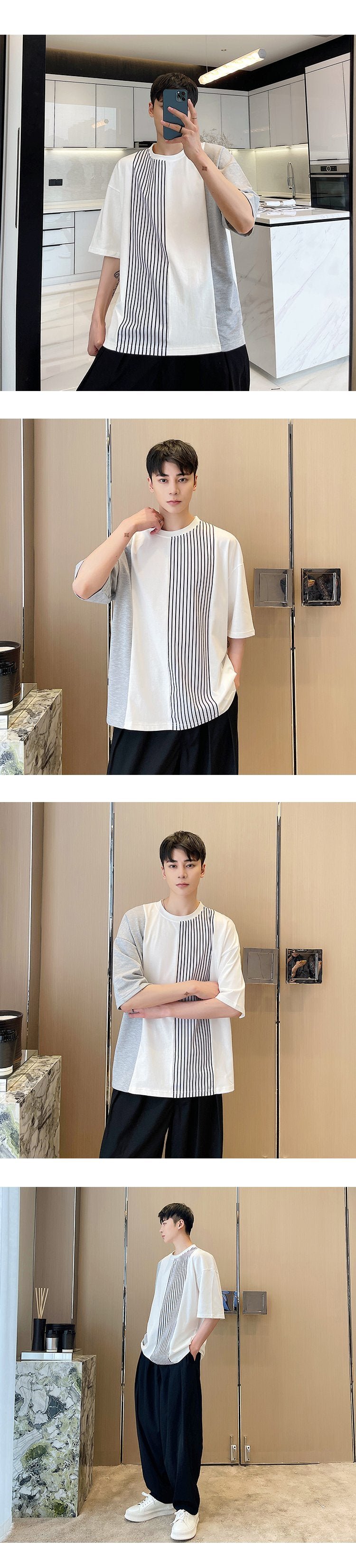 A452--6122--P60 Stitching Round Neck Casual Short Sleeves