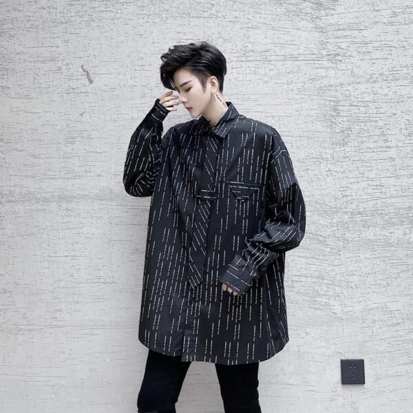 KK1452 Letter Printing Fixed Tie Design Men's Loose Long Sleeve Shirt